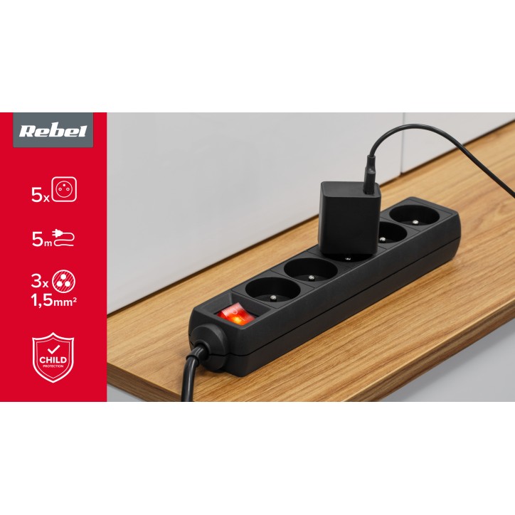 Przedłużacz sieciowy Rebel czarny 5 gniazd z przełącznikiem, kabel 5m (1,5mm) Przedłużacz sieciowy Rebel czarny 5 gniazd z przełącznikiem, kabel 5m (1,5mm)