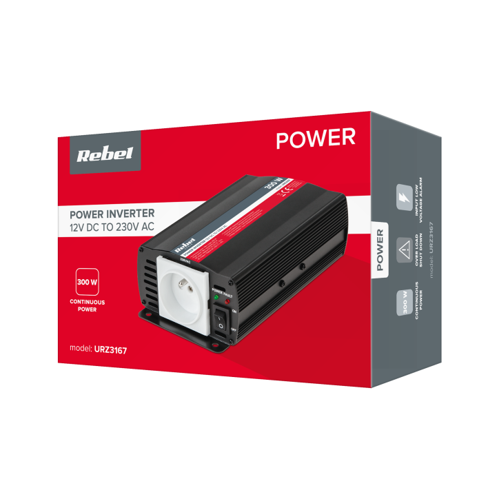 Przetwornica REBEL 12V/230V 300W(gn. typu E:polskie, francuskie) Przetwornica REBEL 12V/230V 300W(gn. typu E:polskie, francuskie)