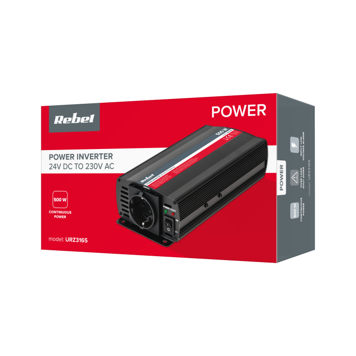 Przetwornica REBEL 24V/230V 500W(gn. typu F:niemieckie) Przetwornica REBEL 24V/230V 500W(gn. typu F:niemieckie)