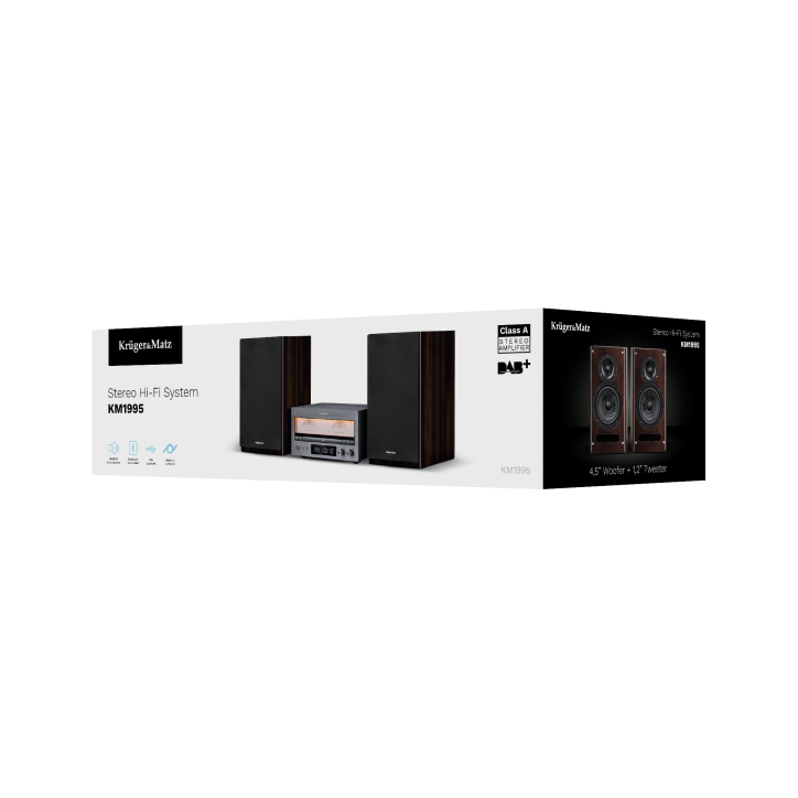 Wieża HiFi Kruger&Matz KM1995 (Wzmacniacz klasy A, CD, USB, Bluetooth, radio cyfrowe DAB+, FM) Wieża HiFi Kruger&Matz KM1995 (Wzmacniacz klasy A, CD, USB, Bluetooth, radio cyfrowe DAB+, FM)