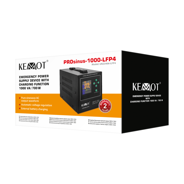 Zasilacz awaryjny KEMOT PROsinus-1000-LFP4 przetwornica z czystym przebiegiem sinusoidalnym i funkcją ładowania 12V 230V 1000VA/ Zasilacz awaryjny KEMOT PROsinus-1000-LFP4 przetwornica z czystym przebiegiem sinusoidalnym i funkcją ładowania 12V 230V 1000VA/