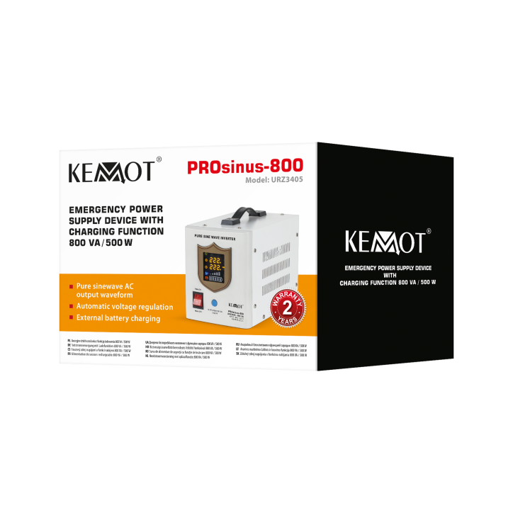 Zasilacz awaryjny KEMOT PROsinus-800 przetwornica z czystym przebiegiem sinusoidalnym i funkcją ładowania 12V 230V 800VA/500W Zasilacz awaryjny KEMOT PROsinus-800 przetwornica z czystym przebiegiem sinusoidalnym i funkcją ładowania 12V 230V 800VA/500W