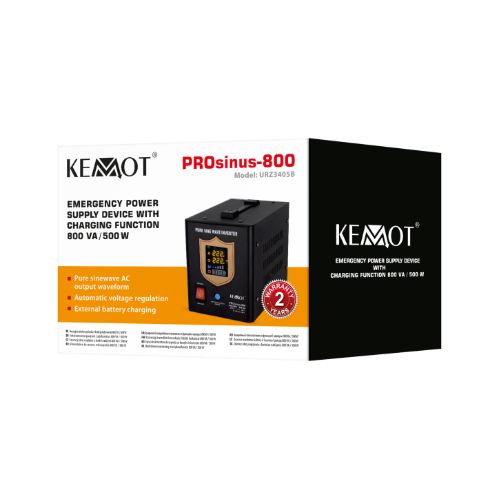 Zasilacz awaryjny KEMOT PROsinus-800 przetwornica z czystym przebiegiem sinusoidalnym i funkcją ładowania 12V 230V 800VA/500W - Zasilacz awaryjny KEMOT PROsinus-800 przetwornica z czystym przebiegiem sinusoidalnym i funkcją ładowania 12V 230V 800VA/500W -