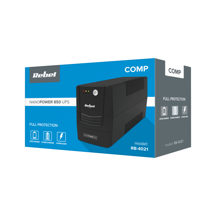 Zasilacz awaryjny komputerowy UPS REBEL model Nanopower 850 ( offline, 850VA / 480W , 230 V , 50Hz ) Zasilacz awaryjny komputerowy UPS REBEL model Nanopower 850 ( offline, 850VA / 480W , 230 V , 50Hz )