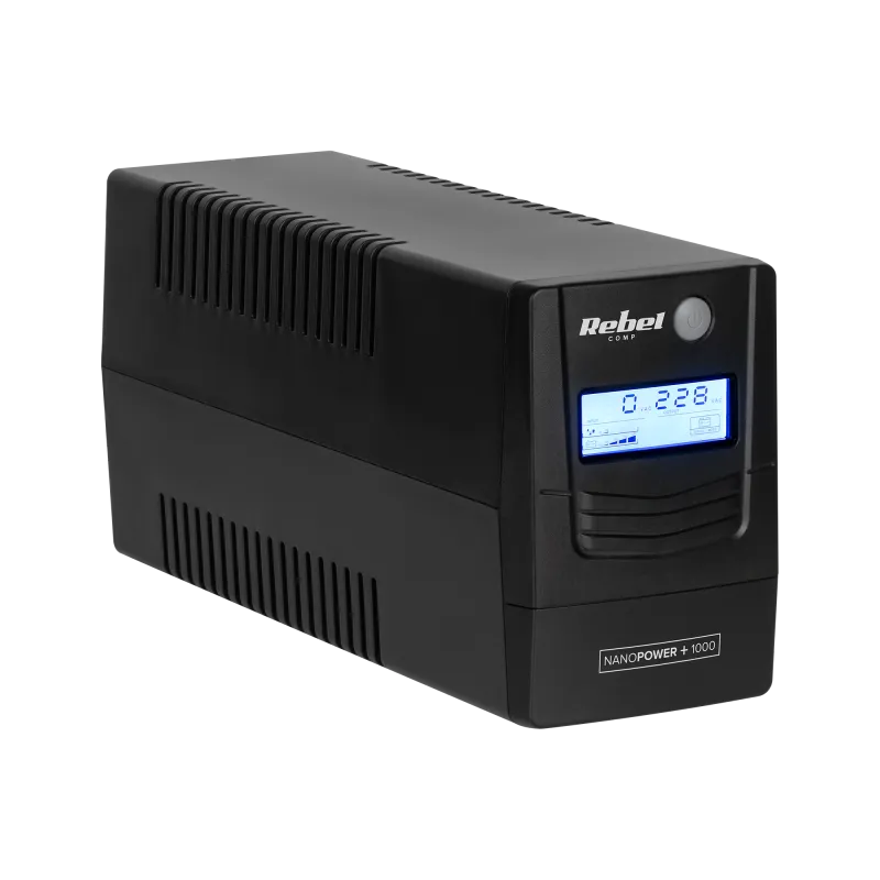 Zasilacz awaryjny komputerowy UPS REBEL model Nanopower Plus 1000 ( offline, 1000VA / 600W , 230 V , 50Hz , LCD , USB , RJ45 )