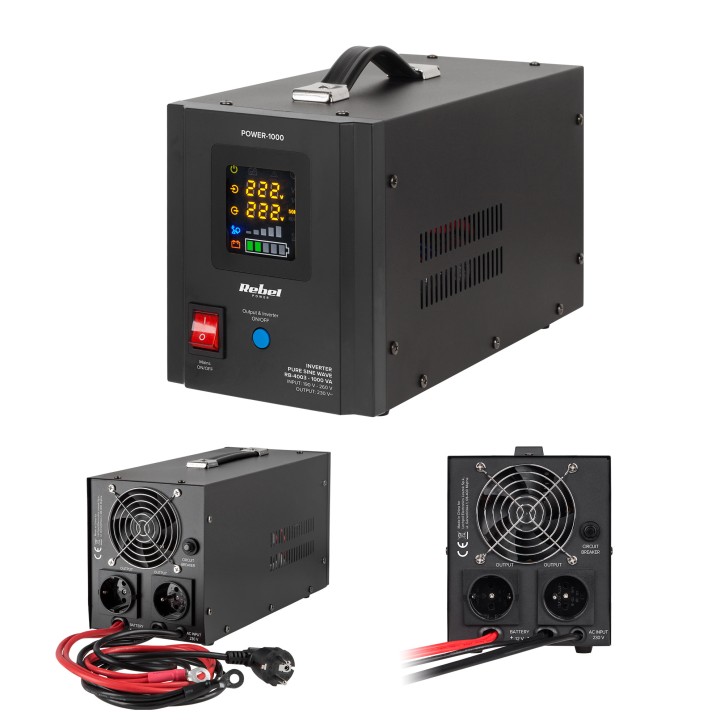 Zasilacz Awaryjny Rebel POWER-1000 - przetwornica z czystym przebiegiem sinusoidalnym i funkcją ładowania 12V 230V 1000VA/700W Zasilacz Awaryjny Rebel POWER-1000 - przetwornica z czystym przebiegiem sinusoidalnym i funkcją ładowania 12V 230V 1000VA/700W