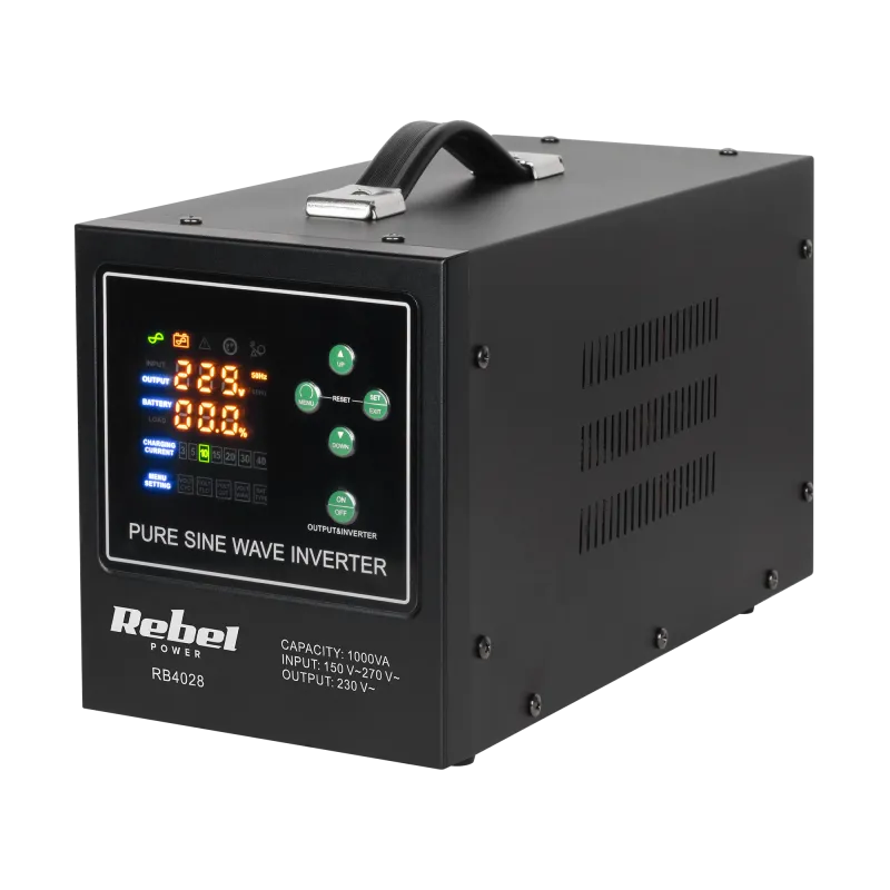 Zasilacz Awaryjny Rebel POWER-1000-LFP4 - przetwornica z czystym przebiegiem sinusoidalnym i funkcją ładowania 12V 230V 1000VA/7 Zasilacz Awaryjny Rebel POWER-1000-LFP4 - przetwornica z czystym przebiegiem sinusoidalnym i funkcją ładowania 12V 230V 1000VA/7