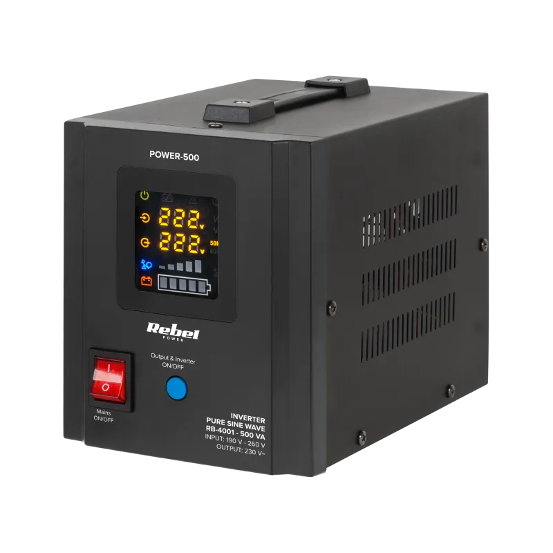 Zasilacz Awaryjny Rebel POWER-500 - przetwornica z czystym przebiegiem sinusoidalnym i funkcją ładowania 12V 230V 500VA/300W Zasilacz Awaryjny Rebel POWER-500 - przetwornica z czystym przebiegiem sinusoidalnym i funkcją ładowania 12V 230V 500VA/300W