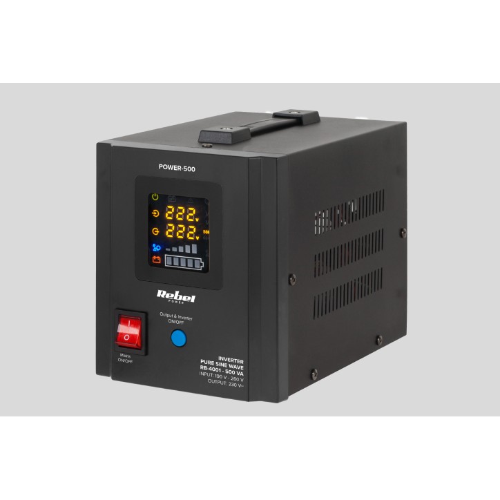 Zasilacz Awaryjny Rebel POWER-500 - przetwornica z czystym przebiegiem sinusoidalnym i funkcją ładowania 12V 230V 500VA/300W Zasilacz Awaryjny Rebel POWER-500 - przetwornica z czystym przebiegiem sinusoidalnym i funkcją ładowania 12V 230V 500VA/300W