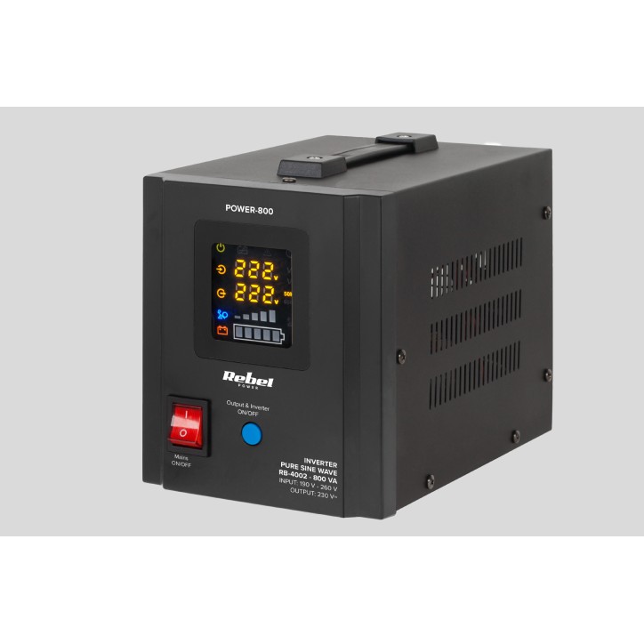 Zasilacz Awaryjny Rebel POWER-800 - przetwornica z czystym przebiegiem sinusoidalnym i funkcją ładowania 12V 230V 800VA/500W Zasilacz Awaryjny Rebel POWER-800 - przetwornica z czystym przebiegiem sinusoidalnym i funkcją ładowania 12V 230V 800VA/500W