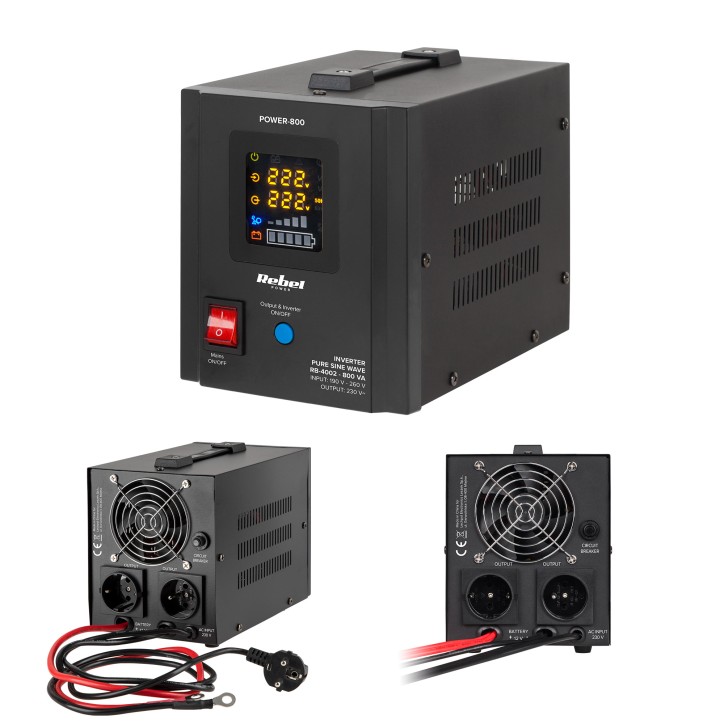 Zasilacz Awaryjny Rebel POWER-800 - przetwornica z czystym przebiegiem sinusoidalnym i funkcją ładowania 12V 230V 800VA/500W Zasilacz Awaryjny Rebel POWER-800 - przetwornica z czystym przebiegiem sinusoidalnym i funkcją ładowania 12V 230V 800VA/500W