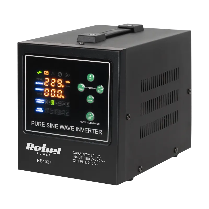 Zasilacz Awaryjny Rebel POWER-800-LFP4 - przetwornica z czystym przebiegiem sinusoidalnym i funkcją ładowania 12V 230V 800VA/500