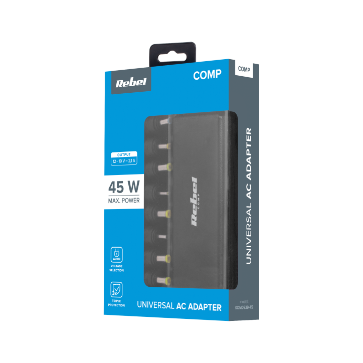 Zasilacz uniwersalny Rebel 10 końcówek 45 W 12-19.5 V automatyczny Zasilacz uniwersalny Rebel 10 końcówek 45 W 12-19.5 V automatyczny