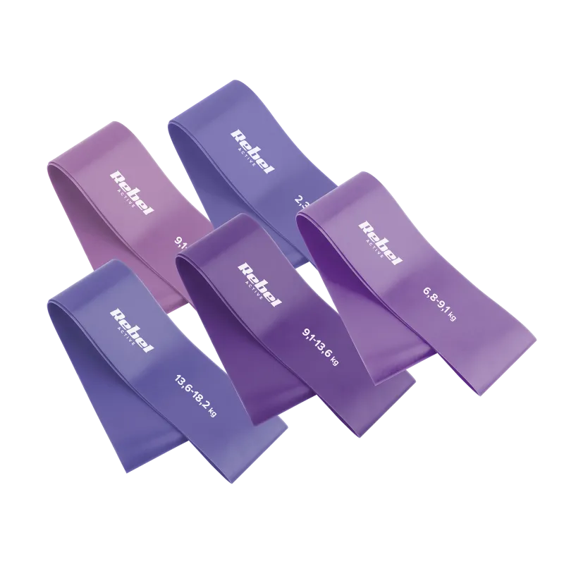 Zestaw gum do ćwiczeń lateksowy - Mini Band L, 2.3-18.2 kg, 5 gum, fioletowy, REBEL ACTIVE Zestaw gum do ćwiczeń lateksowy - Mini Band L, 2.3-18.2 kg, 5 gum, fioletowy, REBEL ACTIVE