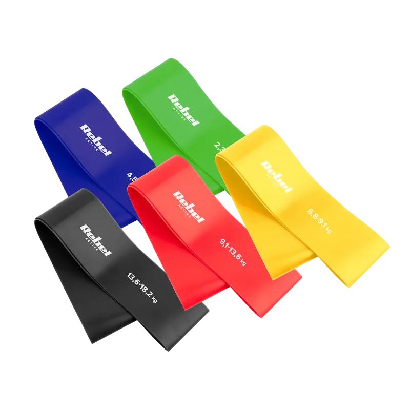 Zestaw gum do ćwiczeń lateksowy - Mini Band L, 2.3-18.2 kg, 5 gum, kolorowy, REBEL ACTIVE Zestaw gum do ćwiczeń lateksowy - Mini Band L, 2.3-18.2 kg, 5 gum, kolorowy, REBEL ACTIVE