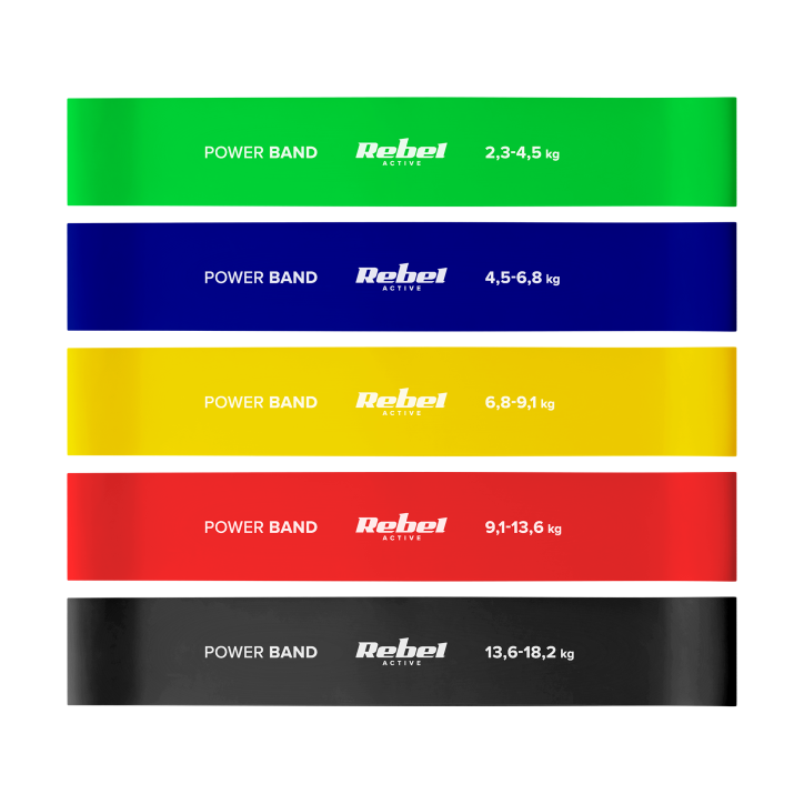 Zestaw gum do ćwiczeń lateksowy - Mini Band L, 2.3-18.2 kg, 5 gum, kolorowy, REBEL ACTIVE Zestaw gum do ćwiczeń lateksowy - Mini Band L, 2.3-18.2 kg, 5 gum, kolorowy, REBEL ACTIVE