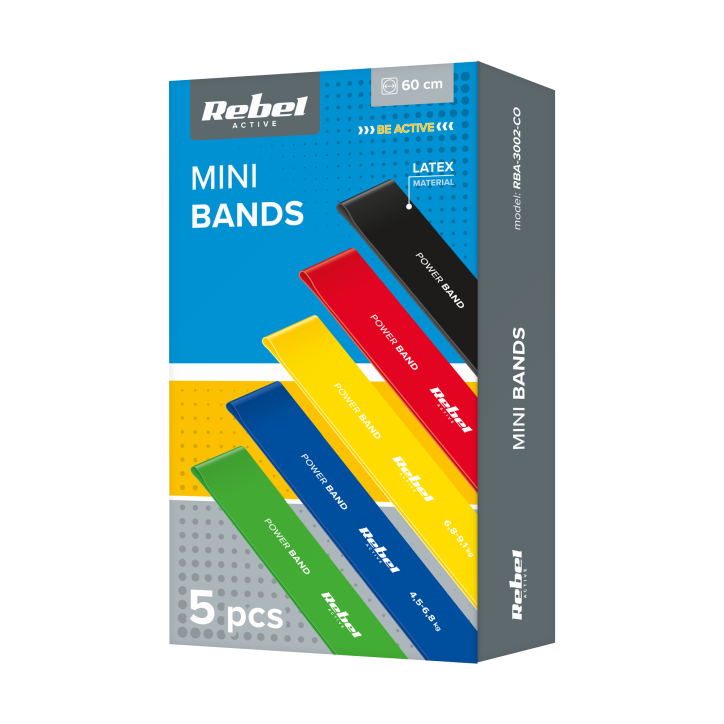 Zestaw gum do ćwiczeń lateksowy - Mini Band L, 2.3-18.2 kg, 5 gum, kolorowy, REBEL ACTIVE Zestaw gum do ćwiczeń lateksowy - Mini Band L, 2.3-18.2 kg, 5 gum, kolorowy, REBEL ACTIVE