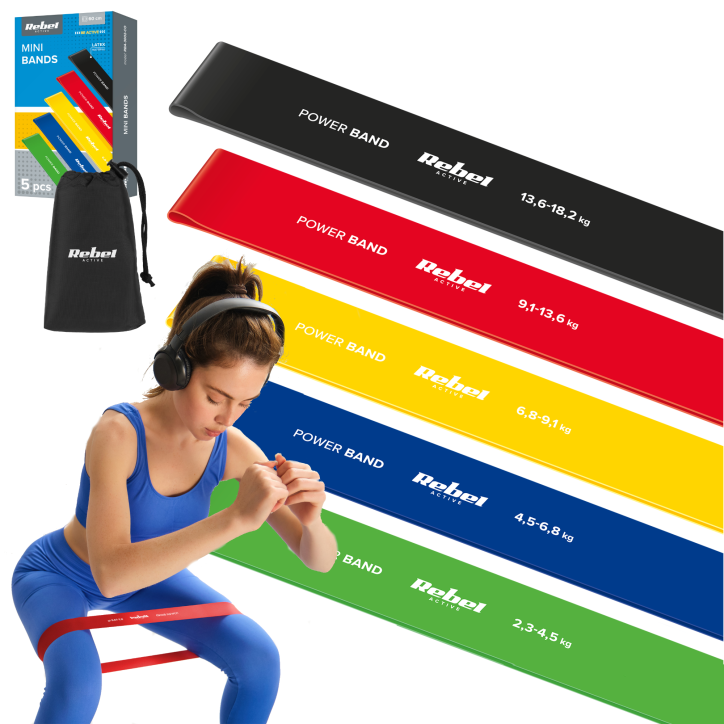 Zestaw gum do ćwiczeń lateksowy - Mini Band L, 2.3-18.2 kg, 5 gum, kolorowy, REBEL ACTIVE Zestaw gum do ćwiczeń lateksowy - Mini Band L, 2.3-18.2 kg, 5 gum, kolorowy, REBEL ACTIVE