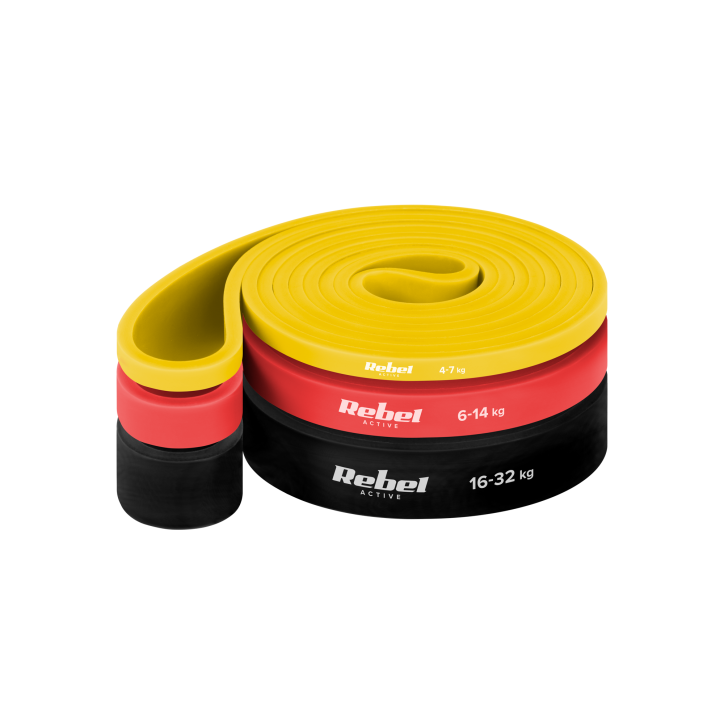 Zestaw gum do ćwiczeń lateksowy - Power Band PLs-1, 4-32 kg, 3 gumy, REBEL ACTIVE Zestaw gum do ćwiczeń lateksowy - Power Band PLs-1, 4-32 kg, 3 gumy, REBEL ACTIVE