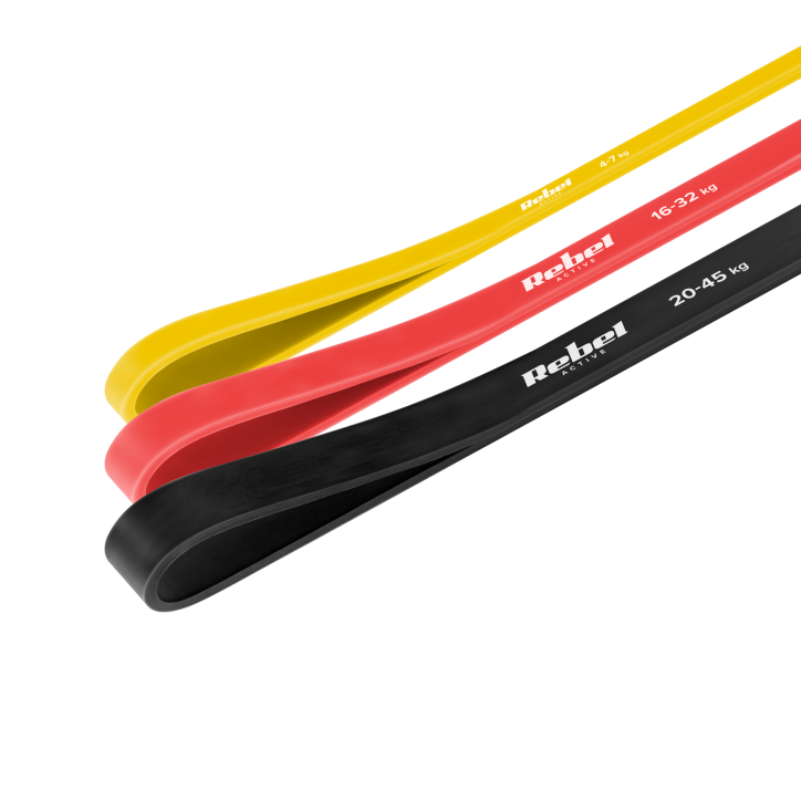 Zestaw gum do ćwiczeń lateksowy - Power Band PLs-1, 4-32 kg, 3 gumy, REBEL ACTIVE Zestaw gum do ćwiczeń lateksowy - Power Band PLs-1, 4-32 kg, 3 gumy, REBEL ACTIVE