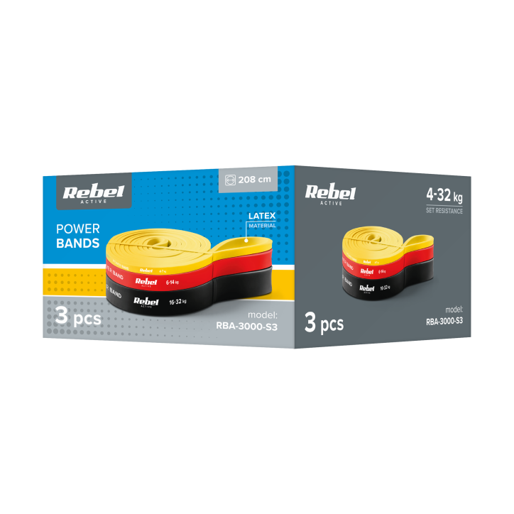 Zestaw gum do ćwiczeń lateksowy - Power Band PLs-1, 4-32 kg, 3 gumy, REBEL ACTIVE Zestaw gum do ćwiczeń lateksowy - Power Band PLs-1, 4-32 kg, 3 gumy, REBEL ACTIVE