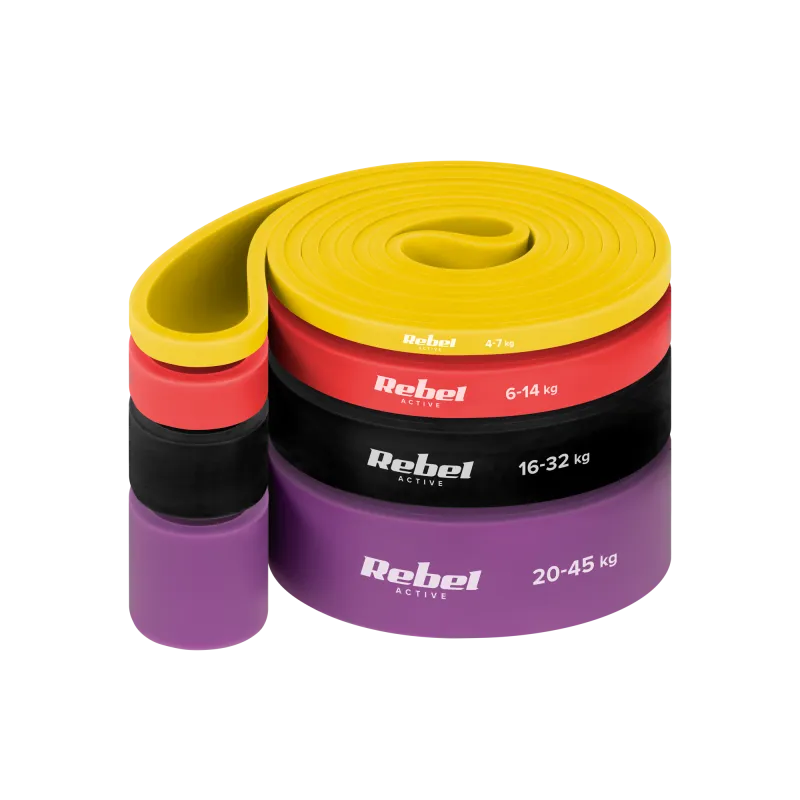 Zestaw gum do ćwiczeń lateksowy - Power Band PLs-2, 4-45 kg, 4 gumy, REBEL ACTIVE