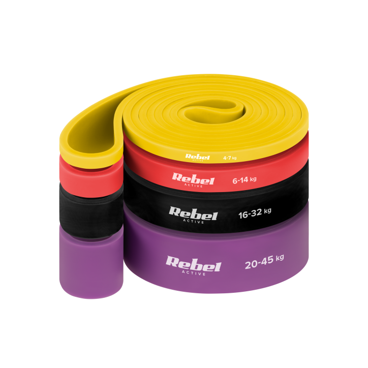 Zestaw gum do ćwiczeń lateksowy - Power Band PLs-2, 4-45 kg, 4 gumy, REBEL ACTIVE Zestaw gum do ćwiczeń lateksowy - Power Band PLs-2, 4-45 kg, 4 gumy, REBEL ACTIVE