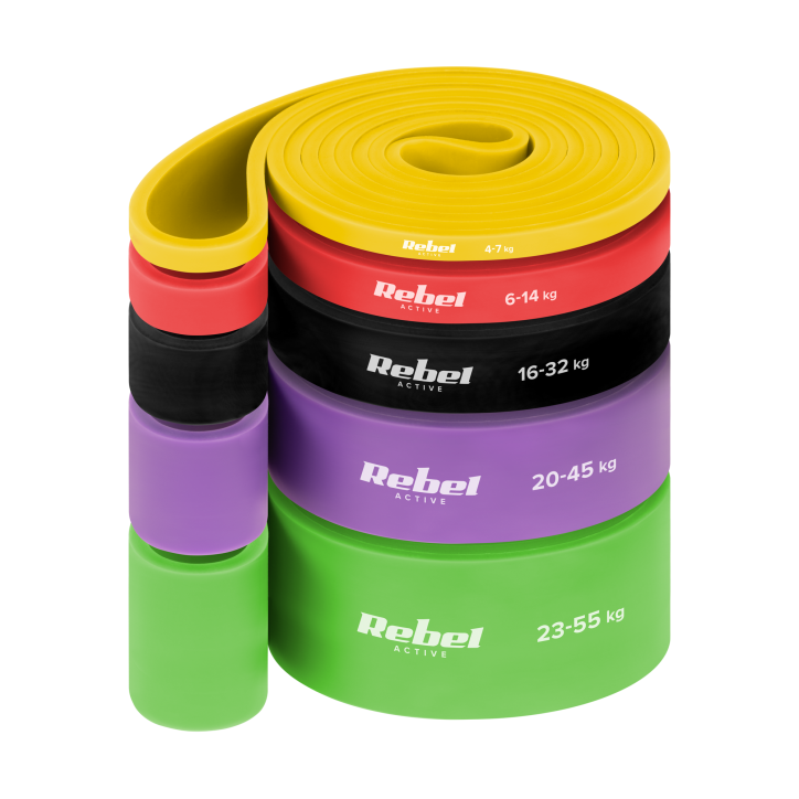 Zestaw gum do ćwiczeń TPE - Power Band PTs-1, 4-55 kg, 5 gum TPE, REBEL ACTIVE Zestaw gum do ćwiczeń TPE - Power Band PTs-1, 4-55 kg, 5 gum TPE, REBEL ACTIVE