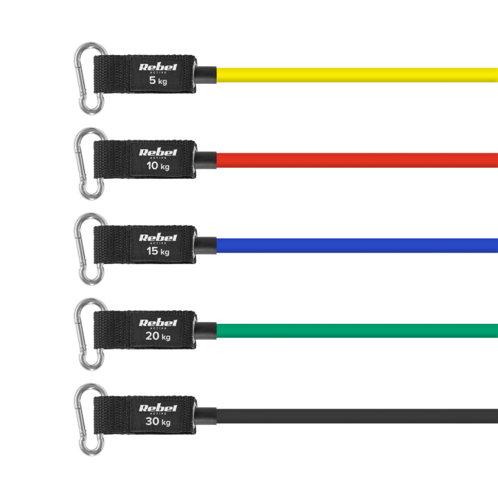 Zestaw gum oporowych do ćwiczeń - Power Tube Set , 5-30 kg, 5 gumy, REBEL ACTIVE Zestaw gum oporowych do ćwiczeń - Power Tube Set , 5-30 kg, 5 gumy, REBEL ACTIVE