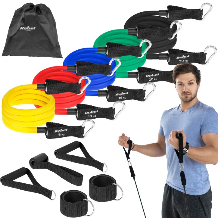 Zestaw gum oporowych do ćwiczeń - Power Tube Set , 5-30 kg, 5 gumy, REBEL ACTIVE Zestaw gum oporowych do ćwiczeń - Power Tube Set , 5-30 kg, 5 gumy, REBEL ACTIVE