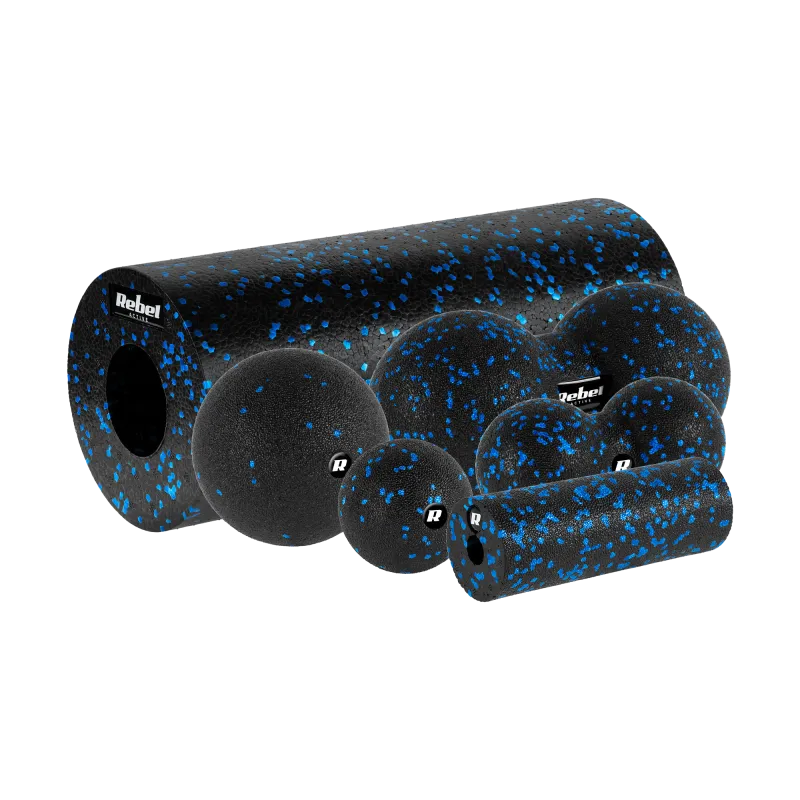 Zestaw wałek do masażu, mini roller, 2 piłki, 2 duoball-e , 6 elementów, kolor czarno-niebieski, materiał EPP, REBEL ACTIVE