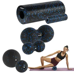 Zestaw wałek do masażu, mini roller, 2 piłki, 2 duoball-e , 6 elementów, kolor czarno-niebieski, materiał EPP, REBEL ACTIVE