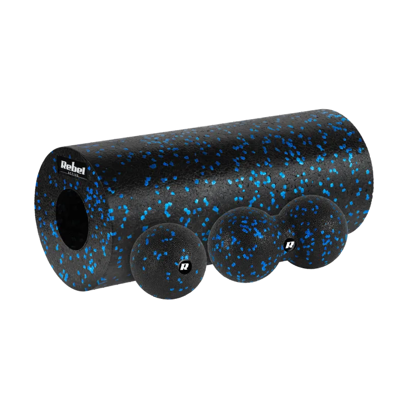 Zestaw wałek do masażu, roller, piłka, duoball , 3 elementy, kolor czarno-niebieski, materiał EPP, REBEL ACTIVE