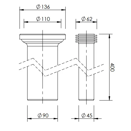 Złącza do WC podtynkowe Fi 110 / Fi 62 L 400mm czarne