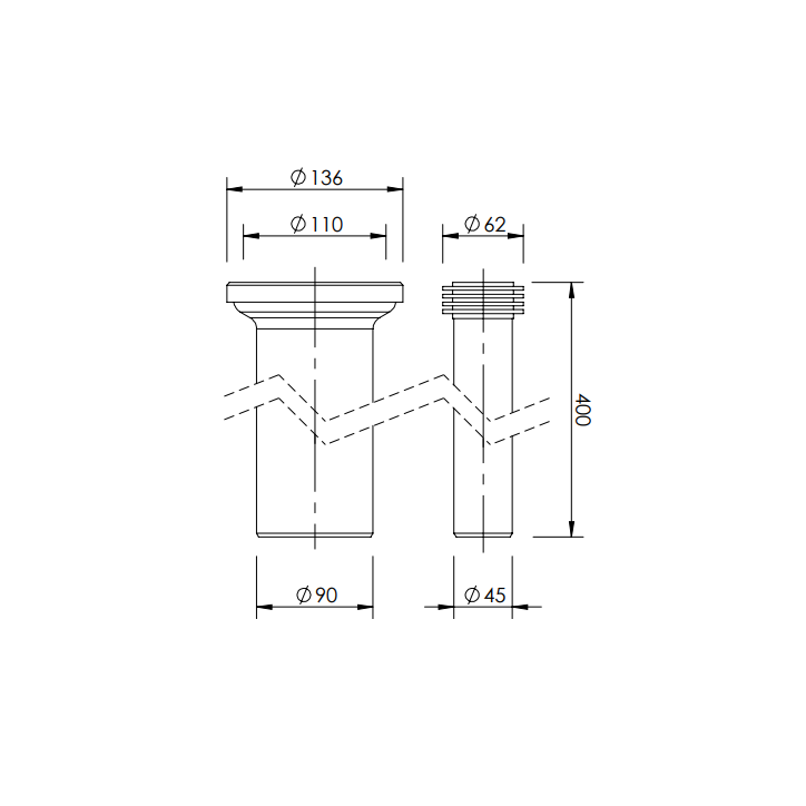 Złącza do WC podtynkowe Fi 110 / Fi 62 L 400mm czarne Złącza do WC podtynkowe Fi 110 / Fi 62 L 400mm czarne