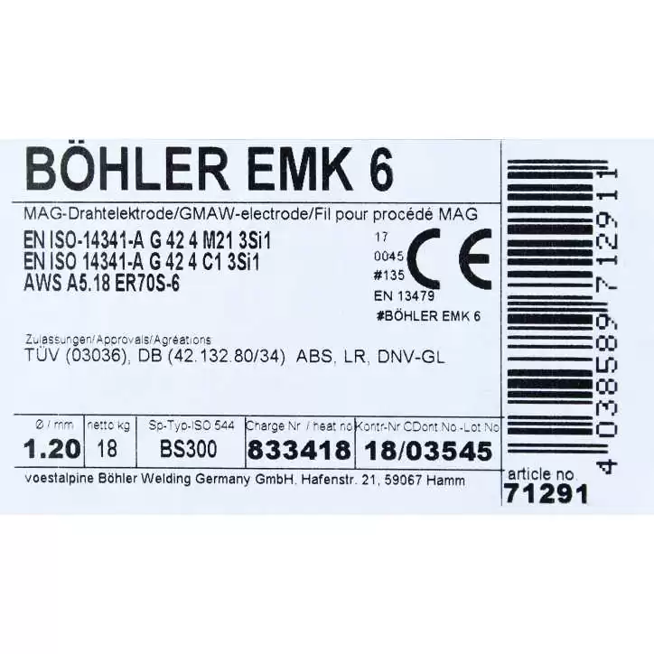 Bohler MAG drut spawalniczy EMK6 ER70S-6 G3Si1 12.50 1.2X18kg szpula (cena za 1 szpulę) Bohler MAG drut spawalniczy EMK6 ER70S-6 G3Si1 12.50 1.2X18kg szpula (cena za 1 szpulę)
