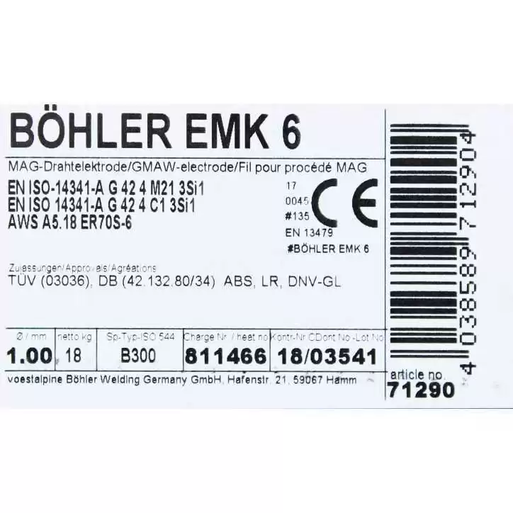 Bohler MAG drut spawalniczy EMK6 ER70S-6 G3Si1 12.50 1.0X18kg szpula (cena za 1 szpulę) Bohler MAG drut spawalniczy EMK6 ER70S-6 G3Si1 12.50 1.0X18kg szpula (cena za 1 szpulę)