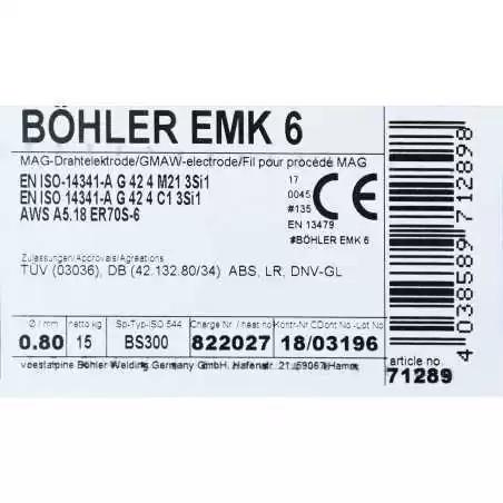 Bohler MAG drut spawalniczy EMK6 ER70S-6 G3Si1 12.50 0.8X15kg szpula (cena za 1 szpulę)