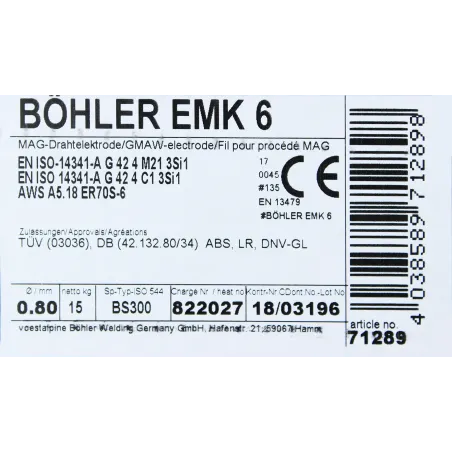 Bohler MAG drut spawalniczy EMK6 ER70S-6 G3Si1 12.50 0.8X15kg szpula (cena za 1 szpulę)