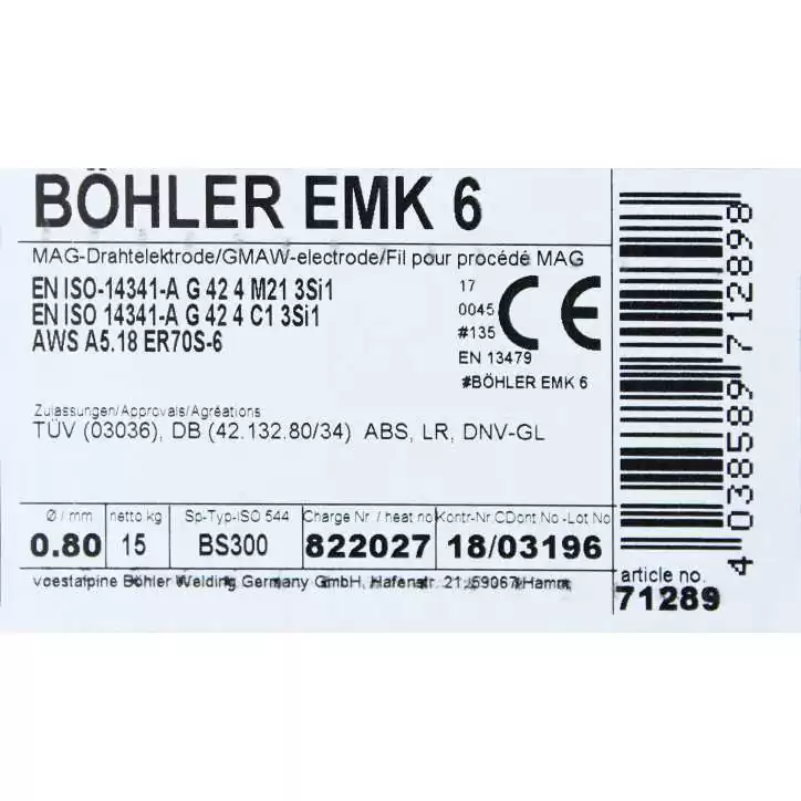 Bohler MAG drut spawalniczy EMK6 ER70S-6 G3Si1 12.50 0.8X15kg szpula (cena za 1 szpulę) Bohler MAG drut spawalniczy EMK6 ER70S-6 G3Si1 12.50 0.8X15kg szpula (cena za 1 szpulę)