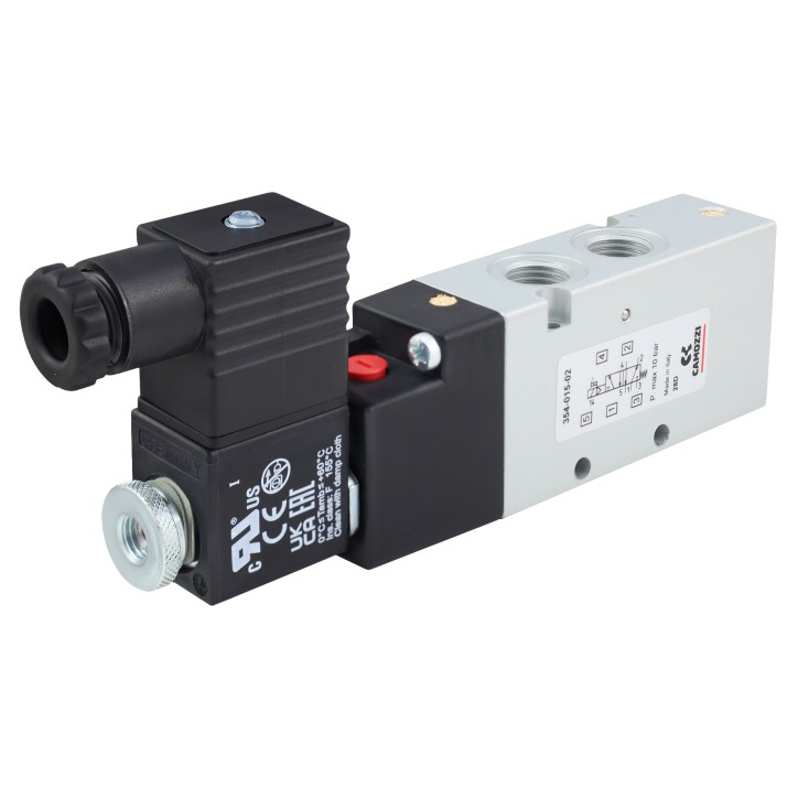 Zawór CAMOZZI 130-354-015-02 5/2 1/4" monostabilny + Cewka 24VAC / 12VDC + Wtyczka Zawór CAMOZZI 130-354-015-02 5/2 1/4" monostabilny + Cewka 24VAC / 12VDC + Wtyczka