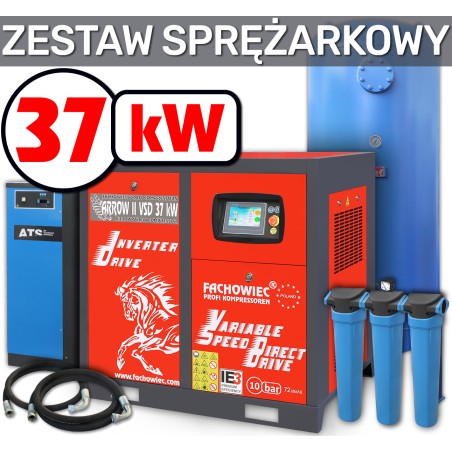 ARROW II sprężarka śrubowa VSD 37 kW 2040-5600 l/min. 10bar + zbiornik 1000l + separator + osuszacz + filtry P i M + osprzęt