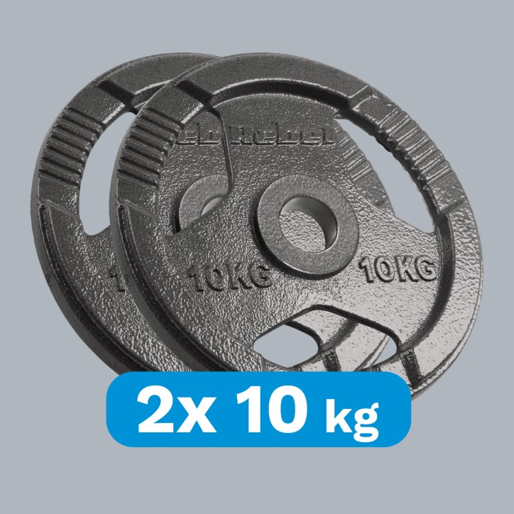 Obciążenie żeliwne olimpijskie zestaw 2x10kg, otwór 51mm, talerz z uchwytami, REBEL ACTIVE Obciążenie żeliwne olimpijskie zestaw 2x10kg, otwór 51mm, talerz z uchwytami, REBEL ACTIVE