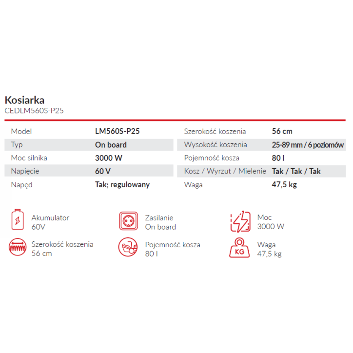 Kosiarka akumulatorowa Cedrus 60V LM560S-P25 Kosiarka akumulatorowa Cedrus 60V LM560S-P25