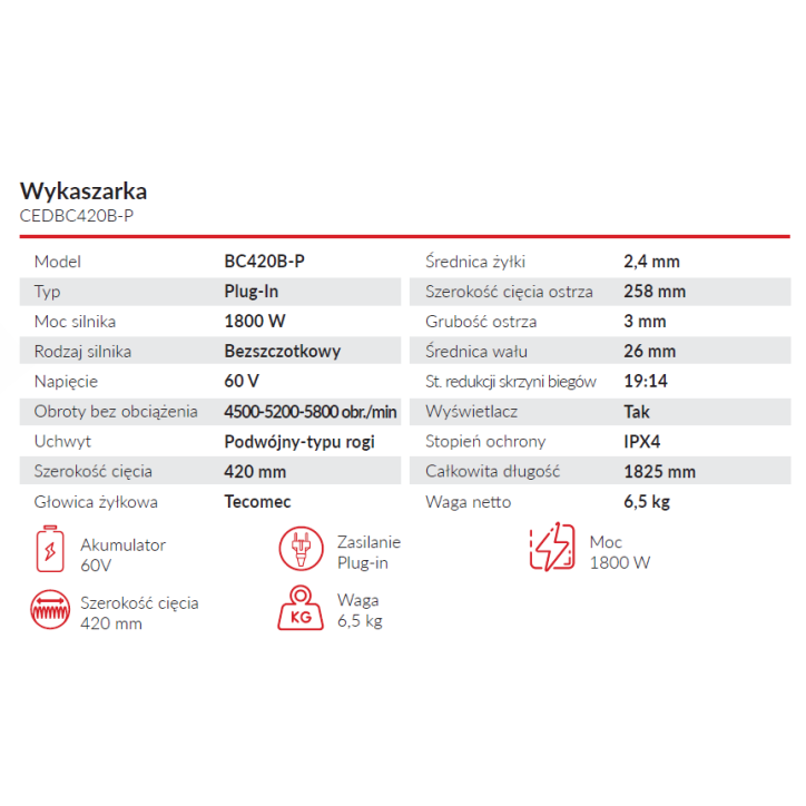 Wykaszarka akumulatorowa Cedrus 60V BC420B-P Wykaszarka akumulatorowa Cedrus 60V BC420B-P