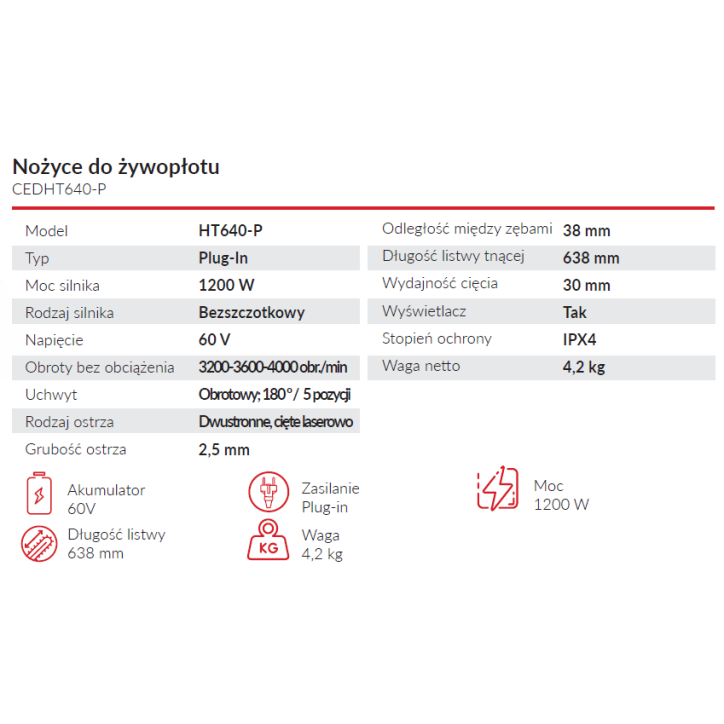 Nożyce akumulatorowe Cedrus 60V HT640-P Nożyce akumulatorowe Cedrus 60V HT640-P