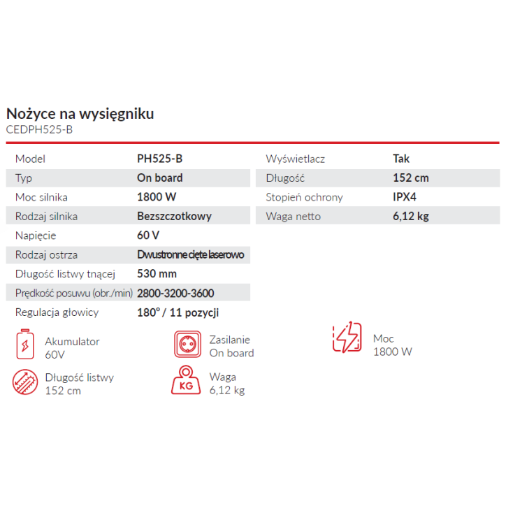 Nożyce akumulatorowe na wysięgniku Cedrus 60V PH525-B Nożyce akumulatorowe na wysięgniku Cedrus 60V PH525-B