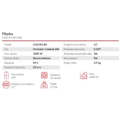 Pilarka akumulatorowa Cedrus 60V CHS350-B4 | Cedrus Power