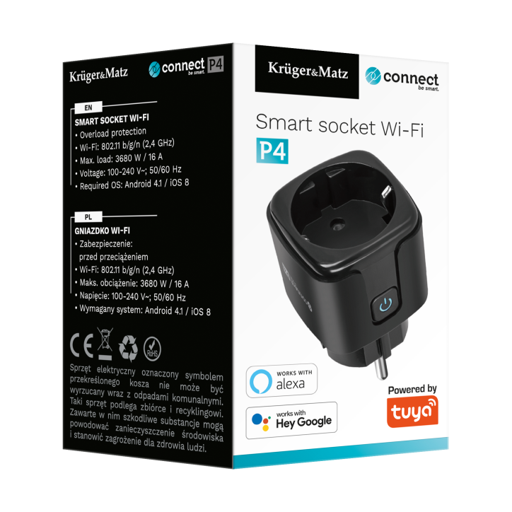 Gniazdo WiFi Kruger&Matz Connect P4 Czarne Tuya Gniazdo WiFi Kruger&Matz Connect P4 Czarne Tuya