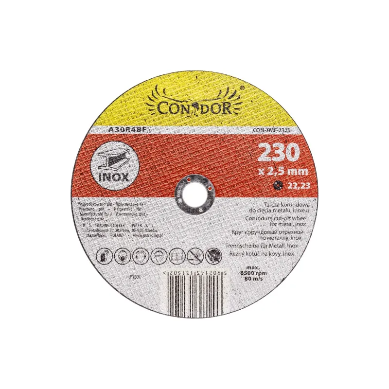 Tarcza korundowa 230 x 2.5 x 22.2 mm, do metalu, Inox